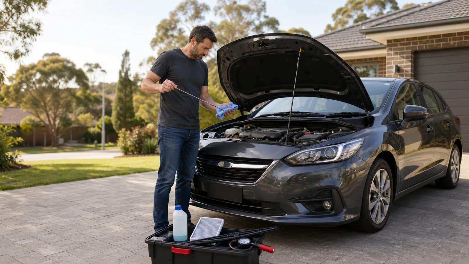 Driver checking engine oil on a car parked safely in an Australian driveway