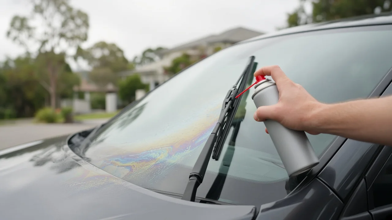 Hand pointing an unbranded aerosol can at a lifted windscreen wiper blade, with an oily rainbow film smeared across the glass