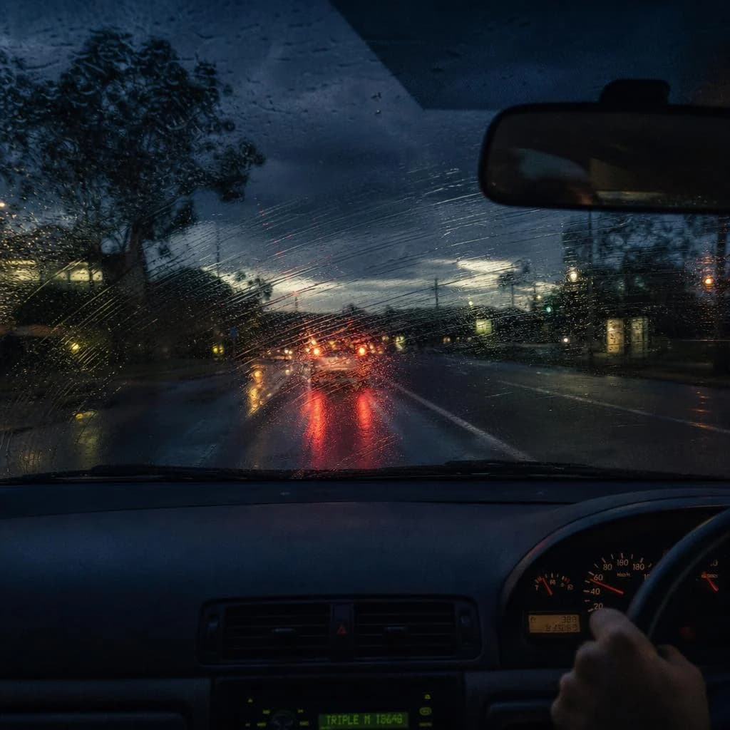 Rain-smeared windscreen reducing visibility on a wet road at dusk